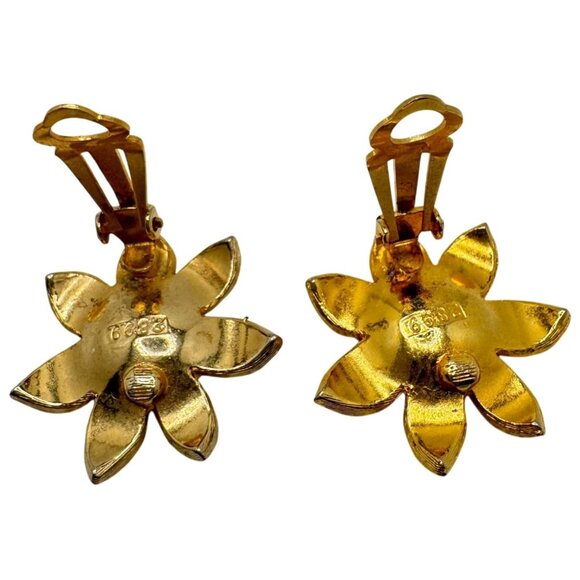 Gold-Tone Crystal Flower Clip-On Earrings Vintage Signed 2899 Blue Aura Center - Picture 8 of 8